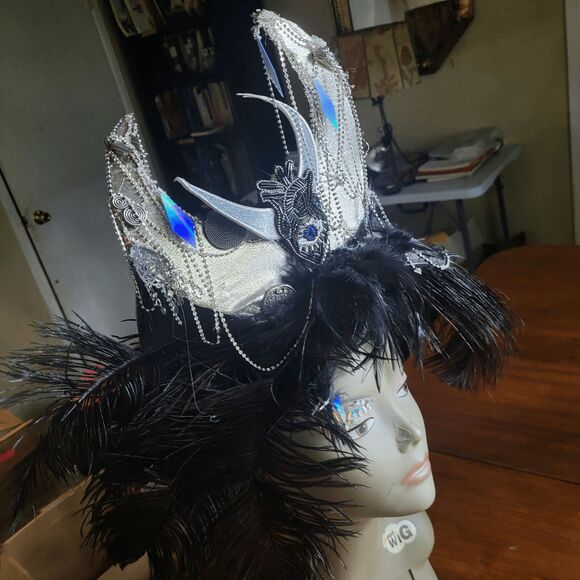 Handmade Festival Black Ostrich Feather Dark Moon Goddess Headpiece by Brebitz H - Picture 2 of 5